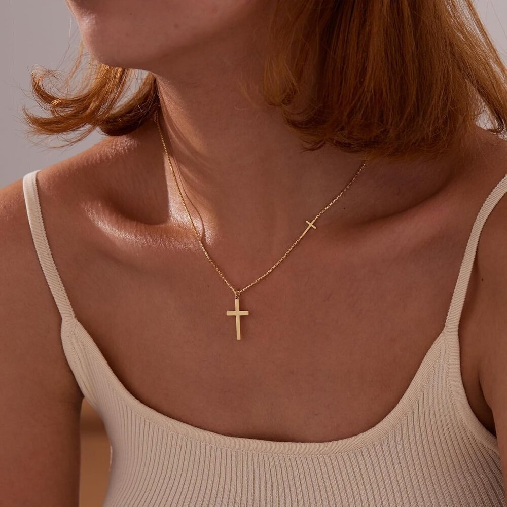 Women06-Double Cross Necklac14K Gold Silver Cross Necklace - Non Tarnish Jewelry
